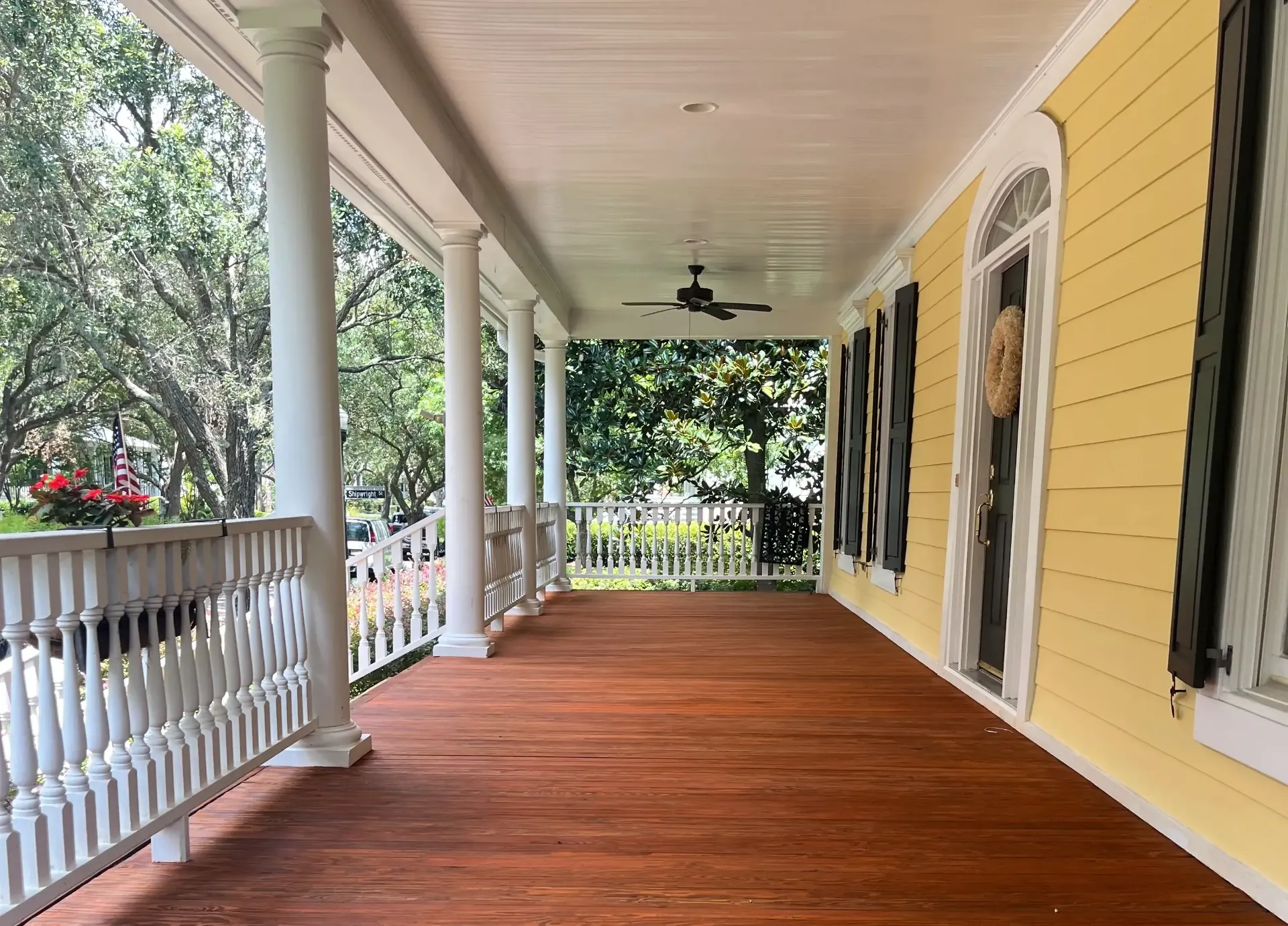 Freshly stained wood deck with rich, even semi-transparent finish