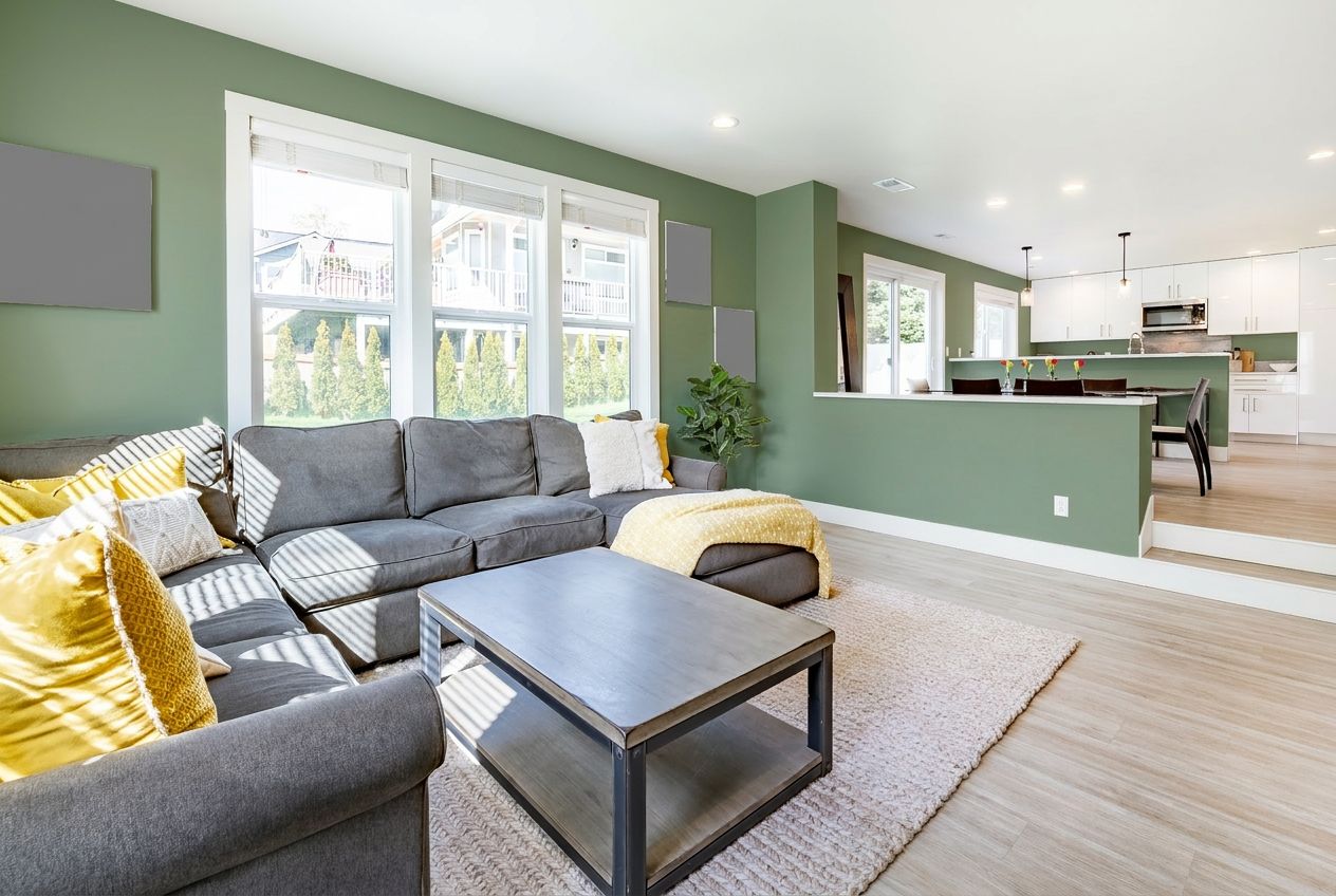 Living room after painting, sage green walls