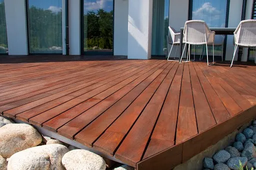 Modern wood deck stained with rich dark walnut finish